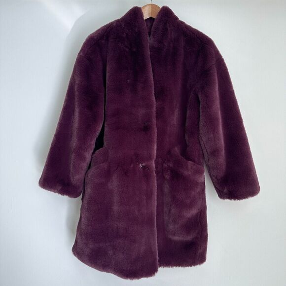 Abercrombie & Fitch Coat Womens Medium Faux Fur Shearling Teddy Burgundy Wine - Picture 7 of 11